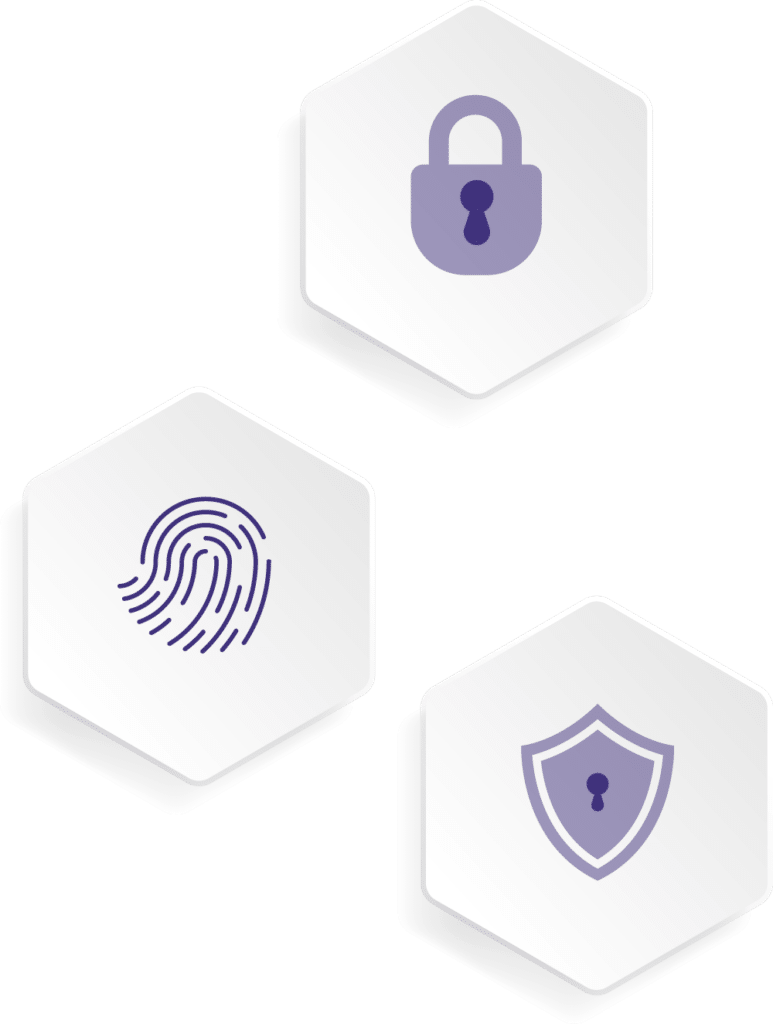 Lock, thumbprint and shield icons to showcase data security.